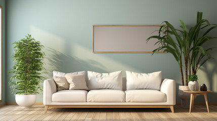 Interior of light living room with comfortable sofa, houseplants and mirror near light wall. ai
