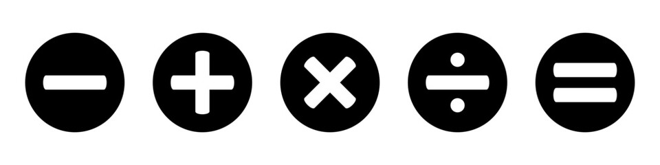 Obraz premium Basic mathematical icon, basic mathematical symbol. Set of mathematical symbols: plus, minus, multiplication, division, equals. Isolated vector illustration on a white background.