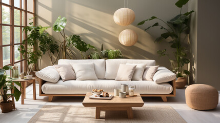 Fototapeta na wymiar Interior of light living room with comfortable sofa, houseplants and mirror near light wall. ai