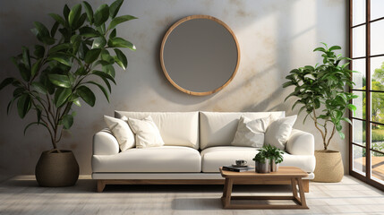 Interior of light living room with comfortable sofa, houseplants and mirror near light wall. ai