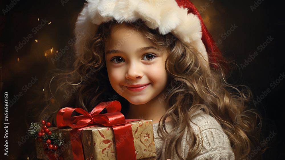 Wall mural Portrait of a cute little girl with a gift box