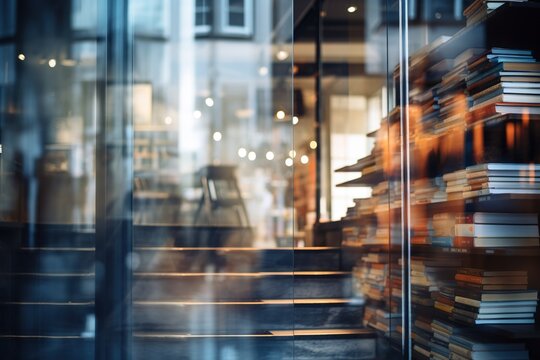 Abstract blur of a stylish bookstore with a ladder, viewed through a glass panel