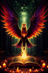 A magnificent phoenix with wings spread out over a book.