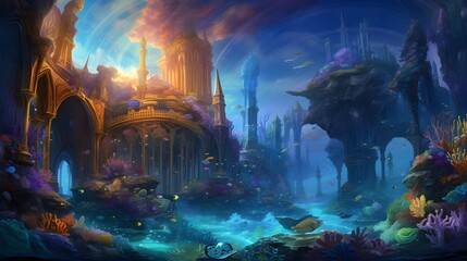 Digital painting of a fantasy fantasy landscape with an ancient palace and a fountain