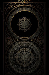 A golden and black background with a star, fractal tarot card style.