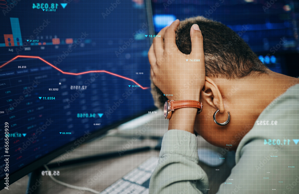 Aufkleber computer, market crash data and business person sad over stock exchange error, investment numbers or