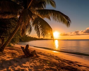 Palm trees on a tropical beach at sunset. Panorama.
