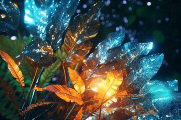 Shiny foliage with sparkling particles. Generative AI