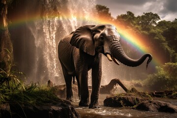 African elephant showering itself under a waterfall rainbow - obrazy, fototapety, plakaty