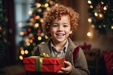Closeup portrait of a curly redhead boy with a red gift box in his hands against the background of Christmas lights. New Year, holiday, family and children concept.