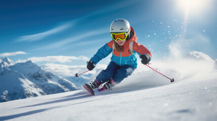 Kid Skier descends a mountain in winter