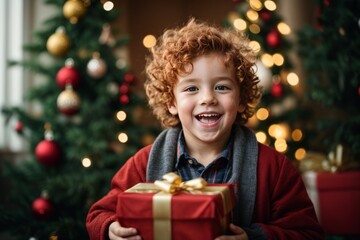 A happy joyful curly haired redhead boy smiles at the camera and holds a red gift box in his hands against the background of a Christmas tree