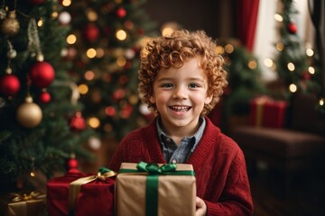 Happy funny boy in red Christmas sweater holds a gift box in her hands and smiles at the camera. Closeup portrait of a red haired curly child.