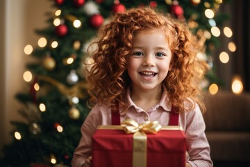 A little curly redhead girl holds a gift box on a New Year's background. Christmas, holiday, family and children concept.