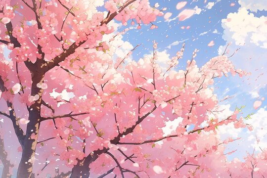 満開の桜と青空の水彩画風イラスト
