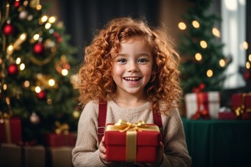 Closeup portrait of a red curly haired little happy girl with a gift box in her hands on the background of a Christmas tree