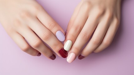 Obraz na płótnie Canvas Beautiful manicure. Long almond shaped nails. Nail design. Manicure with gel polish. Close-up of the hand of a young woman with a gentle manicure on her nails. Bright nails with gel polish.