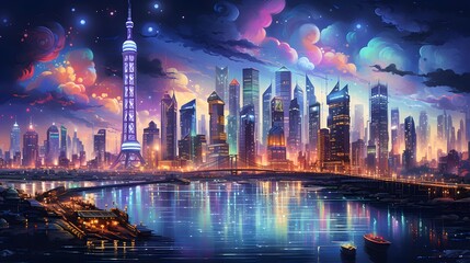 Fototapeta na wymiar Shanghai skyline at night with skyscrapers, China.