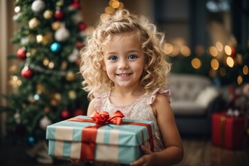 A beautiful blonde curly haired girl smiles and looks at the camera on a New Year's background and holds a gift box in her hands. Christmas , holiday, family, children concept.