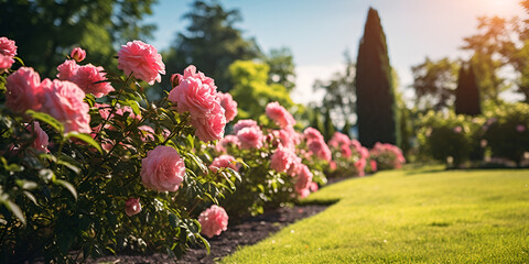 Walk through an English Rose Garden in summer, pink and white tulips, Allée et massif de fleurs d'hortensias, generative AI
 - obrazy, fototapety, plakaty