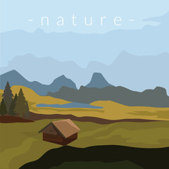 hut in the meadow.Nature landscape vector illustration. - obrazy, fototapety, plakaty
