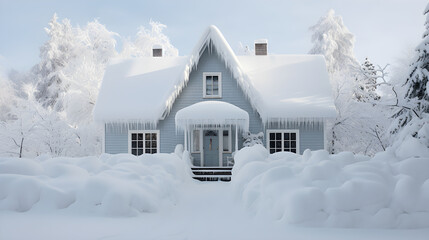 The front of exterior of house or cottage covered in deep snow in winter evening