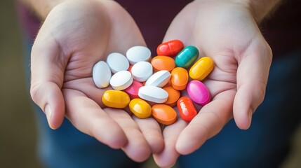 hands holding a large handful of multi-colored pills - obrazy, fototapety, plakaty