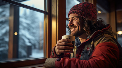 Happy man drinks a hot drink at a skier's cafe at the top of a mountain.