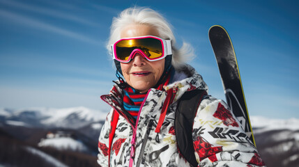 Portrait of a senior female skier in helmet and winter clothes on the background of snow-covered...