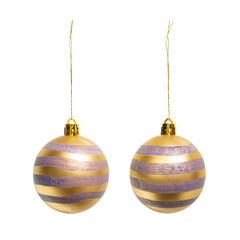 Golden baubles with violet stripes for Christmas tree decoration