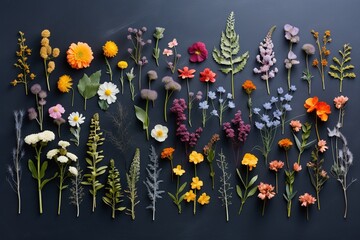 Collection of wildflowers arranged by color gradient on a slate backdrop