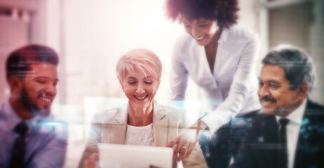 Business team, meeting overlay and collaboration with diversity and innovation growth with teamwork in office. Communication, workforce and creative group with planning and professional discussion