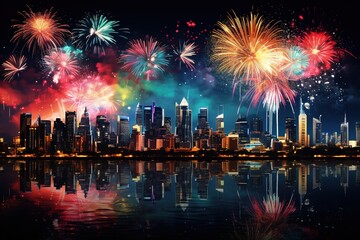 Contrast of multicolored fireworks and monochrome city skyline