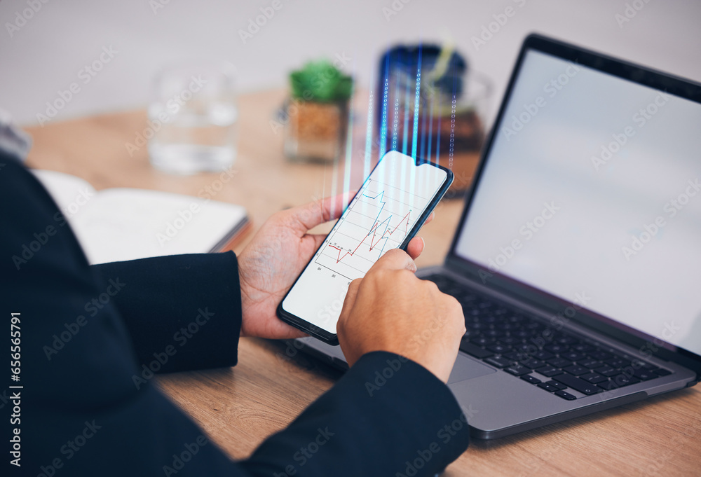 Poster phone, person hands and graph hologram for digital transformation, blank screen and mockup space. re