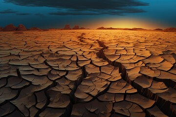 Cracked desert soil under a vivid moonlight casting long, dramatic shadows