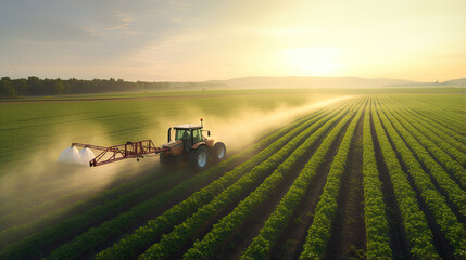 Aerial view of Tractor Spraying Pesticides on Green Soybean Plantation at Sunset. - obrazy, fototapety, plakaty