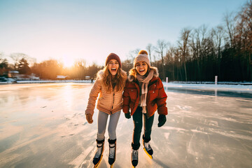 Friends ice skating on a frozen lake on a winter afternoon - obrazy, fototapety, plakaty