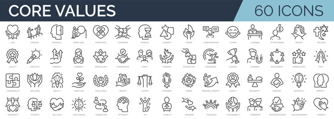 Set of 60 outline icons related to core values. Linear icon collection. Editable stroke. Vector illustration