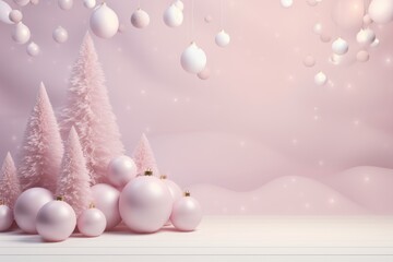 Christmas background with fir tree and balls in pink soft pastel color - obrazy, fototapety, plakaty