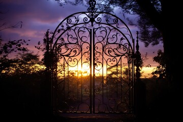 Dramatic silhouette of wrought iron garden gate at dusk