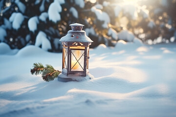 Christmas lantern on snow with fir branch in sunny day