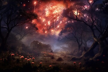 Fireworks bursting through the mist over a haunted forest