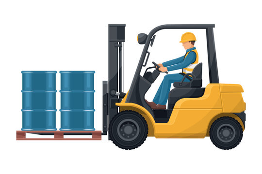 Safely driving a forklift. Fork lift truck with barrel pallet of hydraulic or petroleum oil, toxic materials. Lift truck driving safety. Security First. Industrial Safety and Occupational Health