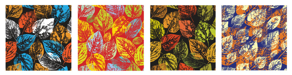 Set of seamless patterns. Autumn leaves. Imprints of natural leaves. Botanical ornament for the design of nature, fabric, textile, background, postcard, wrapping paper. Stock vector illustration.