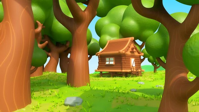 3D animation of a tiny wooden home in the forest. Trees around a cabin hut made for kids or birds.