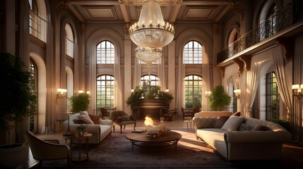 Fototapeta na wymiar 3d rendering of a luxury hotel lobby with armchairs and sofas