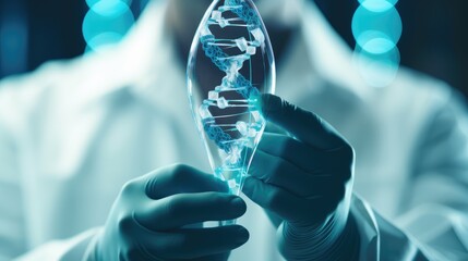 scientist biotechnologist holding blue helix DNA structure on hologram modern virtual screen interface and diagnose healthcare on digital network, Science, Medical technology and futuristic concept. - obrazy, fototapety, plakaty