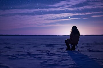 rear view of a woman, seated on a frozen lakeshore with ice skates beside her, peacefully gazing at the moonlit horizon. Behind the scene, silvery reflections dance upon the icy surface