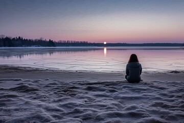 rear view of a woman, seated on a frozen lakeshore with ice skates beside her, peacefully gazing at the moonlit horizon. Behind the scene, silvery reflections dance upon the icy surface