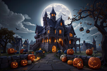 Fototapeta na wymiar Halloween dark castle moonlight shining. Generative AI